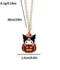 Halloween Kuromi on Pumpkin Tiny Necklace w/Gold Colored 24" Chain New