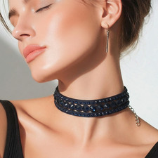 Modische Fashion Damen Choker Samt Halskette dunkellau mit Kristall Anpassbar