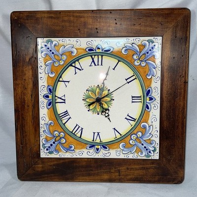 Artistica Italian Gallery Majolica Wall Clock On Reclaimed Wood Frame Tile Faced