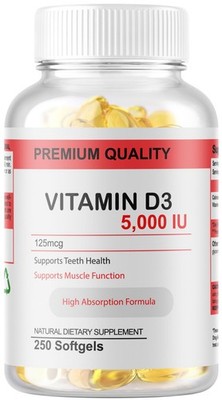 250 Softgels Vitamin D3 5,000 IU 125mcg - Gluten Free & Non-GMO