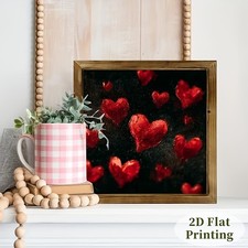 Wooden Framed Textured Red Hearts Black Background Valentine Love Wall Decor