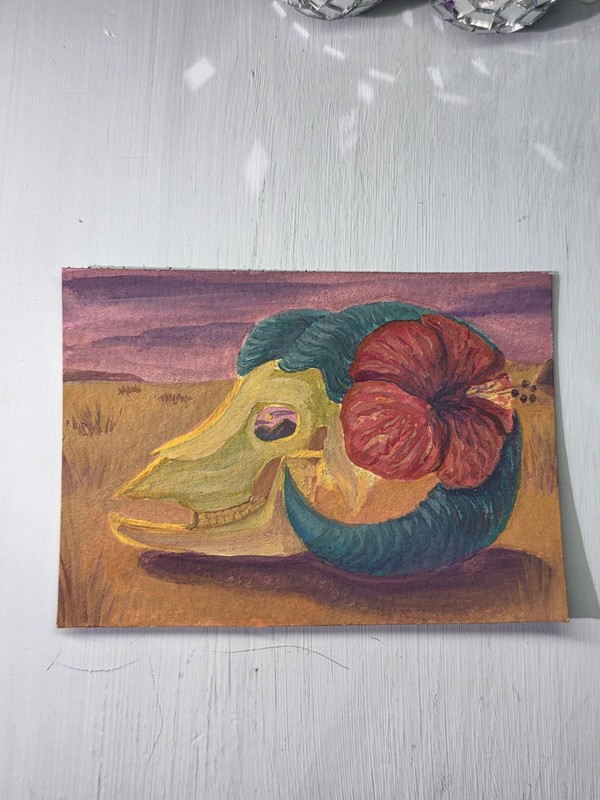ACEO Original Gouache Ram Skull, made by Chevi, 2.5x3.5"