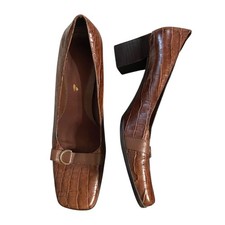 90's Vintage Brown Croc-embossed Loafers size 9 Block heel Square toe Buckle