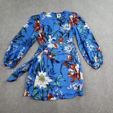 Farm Rio Surreal Flowers Dress Womens Small Blue Wrap Floral Balloon Sleeve Z