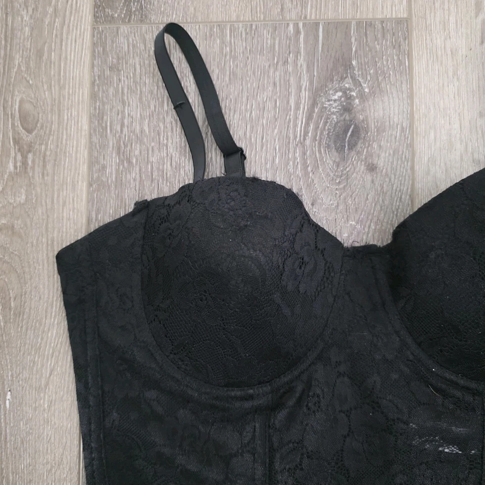 NICOLE MILLER Negro BUSTIER Nylon ENCAJE ELÁSTICO Talla GRANDE Ajustable Semi Transparente Foto 2 de 4