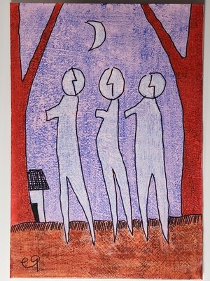 e9Art ACEO three men at night outsider art brut naive