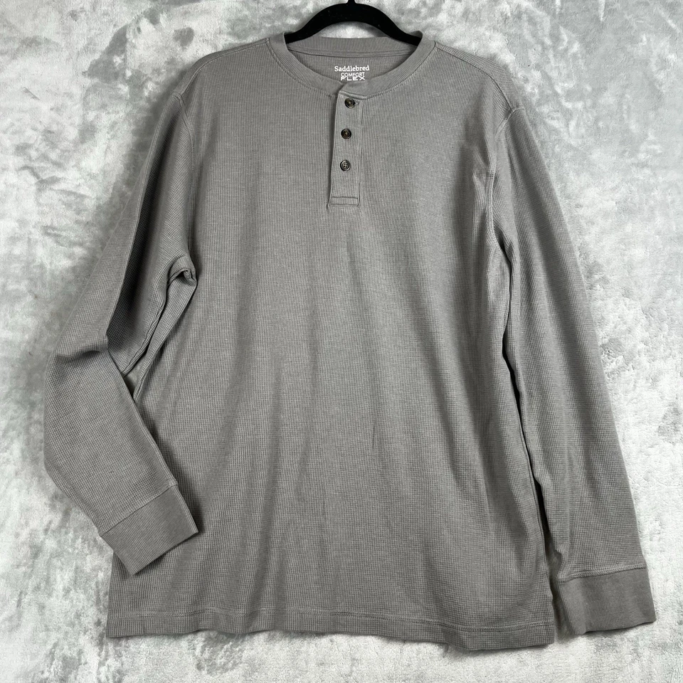 Camisa Henley Térmica Manga Larga SaddleBred Para Hombres XL Marrón Tejido Gofre Botón Foto 2 de 4