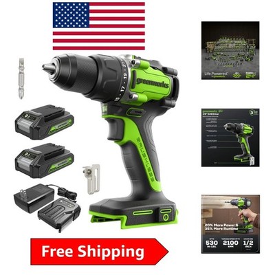 24V Brushless Cordless 1/2 Inch Drill/Driver Kit - 530 in-lbs Torque & LED Light