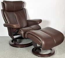 Ekornes Stressless Small "Magic" Brown Leather Swivel Recliner Chair & Ottoman