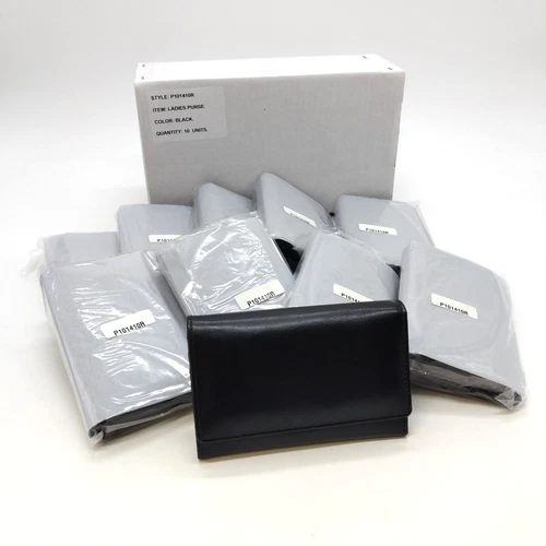 x10 Genuine Leather Black Flap-over Ladies Purses Wallets 14cm x 9.5cm x 2.5cm