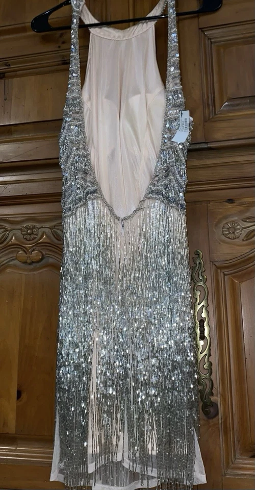 Винтажный 90-х годов Y2K Couture румяна розовый сильно бисером Серебряная бахрома мини-платье высокий гриф - Изображение 3 из 4