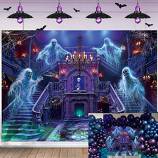 Halloween Haunted Mansion Backdrop Banner 7X5Ft Ghost Staircase Spooky Castle Fi