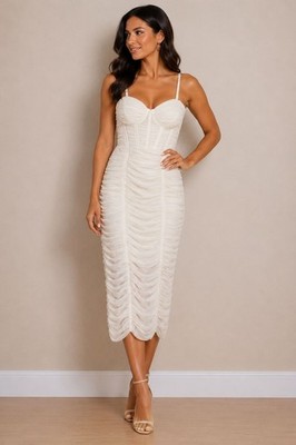 BCBGMaxAzria Off-White Ruched Midi Dress With Adjustable Straps Size 4 MSRP $398