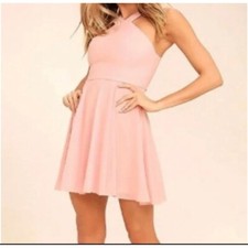 Lulus Forevermore Halter Fit and Flare Dress Blush Pink Mini Dress Sz Med