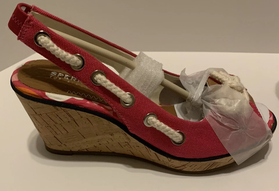 Sperry Southport Fuchsia Slingback Пробковый Клин Пятка Пип Носок Размер 6M Новый с ценниками - Изображение 2 из 3