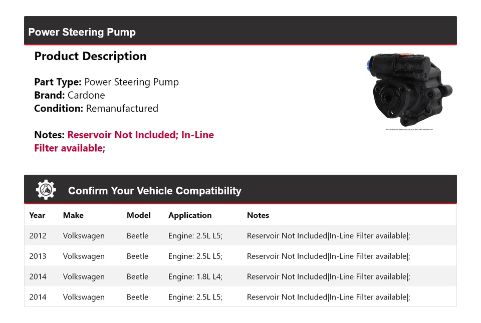 Bomba de dirección asistida Cardone 2013 para Volkswagen Beetle 2012-2014 Foto 2 de 4