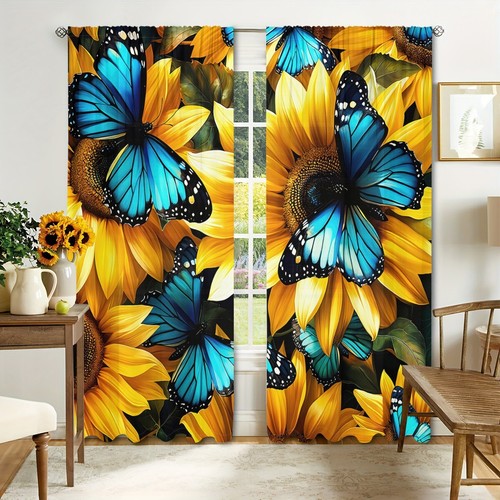 2 Panels Blue Butterfly Sunflower Curtains Window Drapes for Bedroom Living Room