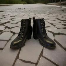 TOP MODA Black Side Zip Front Tie Ankle Boot 3" Block Heel Women Size 7