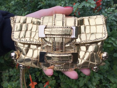 Roberto Cavalli Metallic Gold Croc Embossed Leather Clutch Wristle 100%Authentic