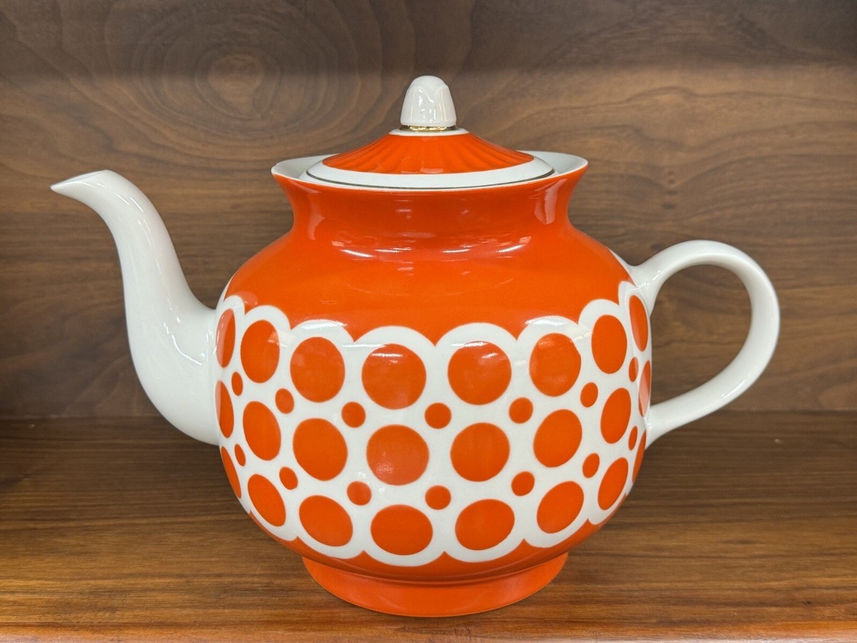 Vintage 18-Piece Soviet Orange Polka Dot Partial Tea Set