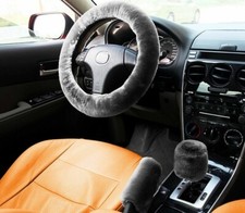 Zone Tech Gray Genuine Sheepskin Stretch On Plush Car Steering Wheel Cover