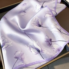 100 Silk Scarf Vintage Women Purple Flower Kerchief Square Bandana Wrap 53 53cm