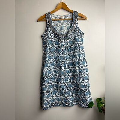 Bella tu Linen Mid dress Blue Floral Boho Embellished Neck Sleeveless Shift  Sz M | eBay