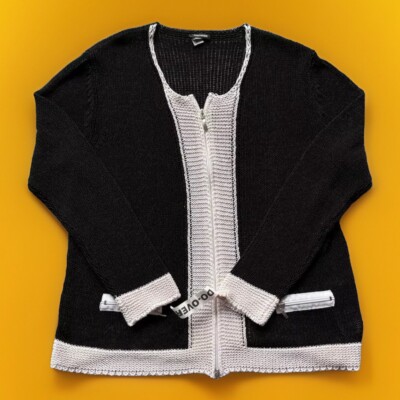 Gerry Weber Sweater Cardigan Black White Zipper Pockets Knit Career Size 46/ 16