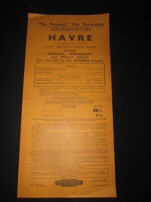 1961 British Railways ''No Passport'' Southampton - Havre Excursion Flyer C55