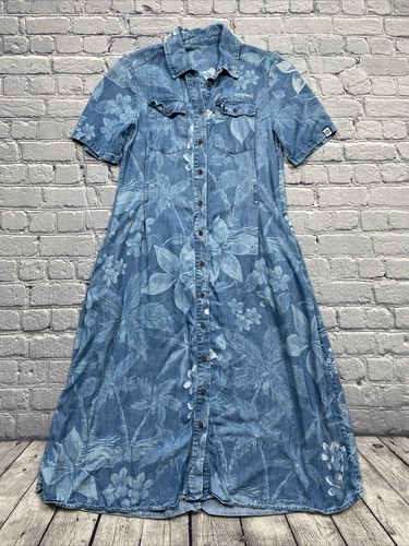 Desigual Denim Button Up Dress Size M/L? Blue Floral Chambray Hawaii Resort Wear