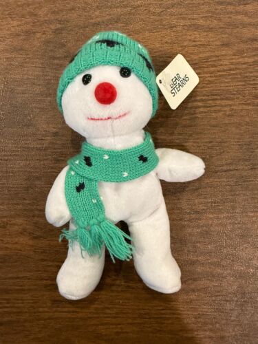 VINTAGE BEAR STEARNS WITH TAG TEDDY BEAR SNOWMAN WHITE WITH GREEN HAT/SCARF