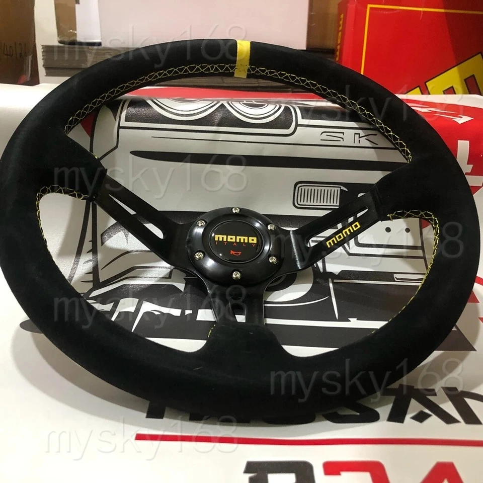 13'' Deep Dish Racing MOMO Steering Wheel Car Suede Leather Yellow Horn - Image 4 of 4