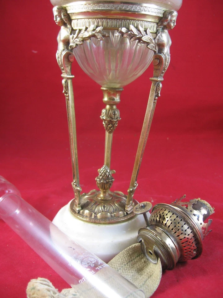 duo lampes à pétrole Empire bronze cristal tripodes - Photo 4/4