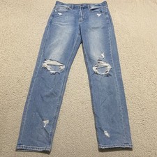 American Eagle Jeans Womens 6 Tall Blue Denim Mom Distress High Rise Medium Wash