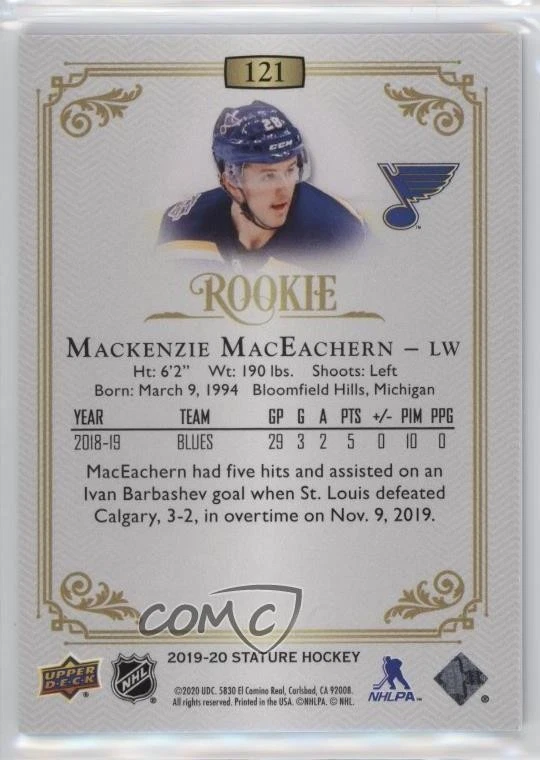 2019-20 Upper Deck Stature Rookies /399 Mackenzie MacEachern #121 Rookie RC - Image 2 of 2
