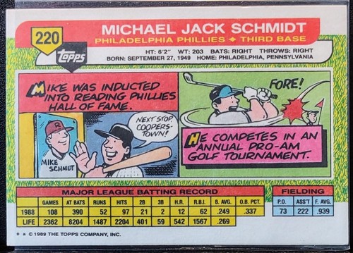 1989 Topps Big Mike Schmidt #220 Philadelphia Phillies HOF 3rd Baseman - Bild 2 von 2