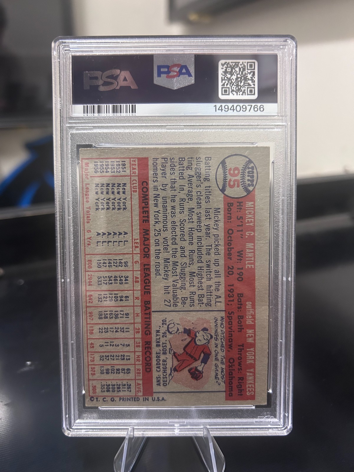 Mickey Mantle 1957 Topps #95 PSA 4(MK) view 2