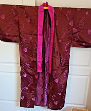 Vintage Silk Kimono Maroon Floral Embroidered Robe w/ Pink Lining Japan