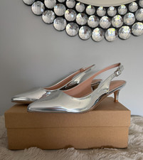 Silver Metallic Slingback Kitten Heels Pointed Toe Court Shoes UK 6.5 EU 40