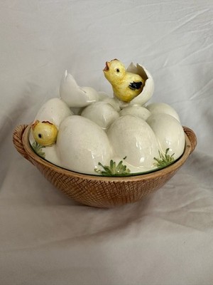 Vintage Italy Easter Spring Covered Trinket Dish Hatching Eggs Ceramic Chicks