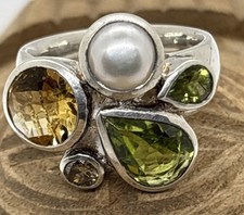 Ring 925 Silber Gr. 53 Peridot Citrin Perle breite Ringschiene NEU