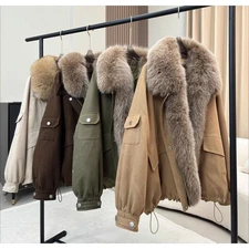 New Womens 100% Fox Fur Collar Fur Lining Jackets Mid Length Goose Down Jacket 