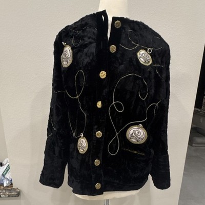 Women's Black Embroidered Metal Medallion Button Vintage Jacket Size 40