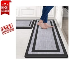 Durable Anti-Fatigue Kitchen Mats - Stylish 2-Pack Non-Skid Rugs, Black & Gray