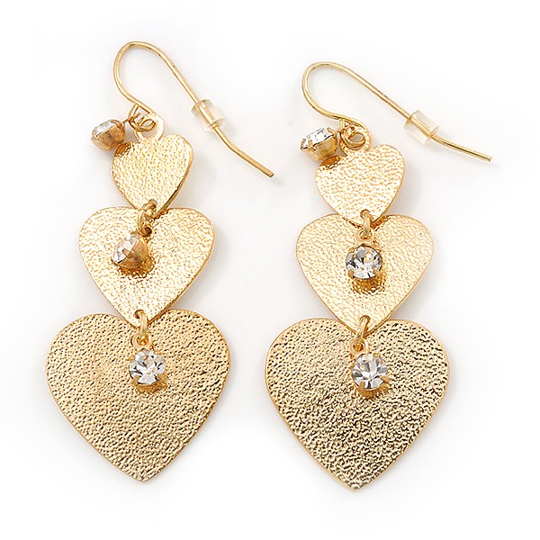 Gold Tone Textured Diamante Triple Heart Drop Earrings - 50mm Length