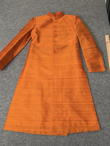 Boys Orange Raw Silk Sherwani W/ Buttons.