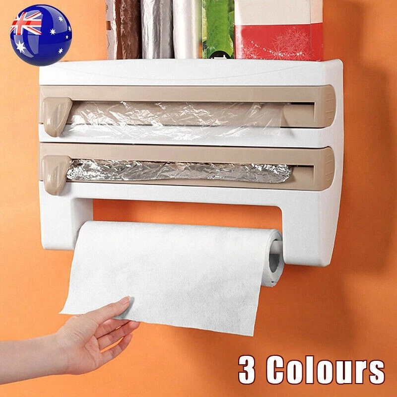 4in1 Kitchen Wrap Organizer Foil Cling Film Towel Holder Wall Mount Cutter AU