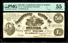 1861 Confederate States of America $50 Banknote Counterfeit CT-14 PMG AU55