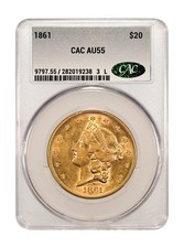 AU 55 Graded 1861 Year Double Eagle $20 US Gold Coins (Pre - 1933