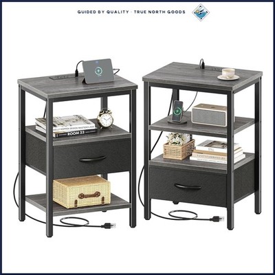 Set of 2 Charcoal Gray Nightstands with Charging Station and Fabric Drawer